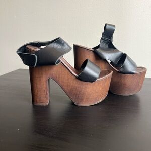 Steve Madden Black Leather and Brown Wood Platforms